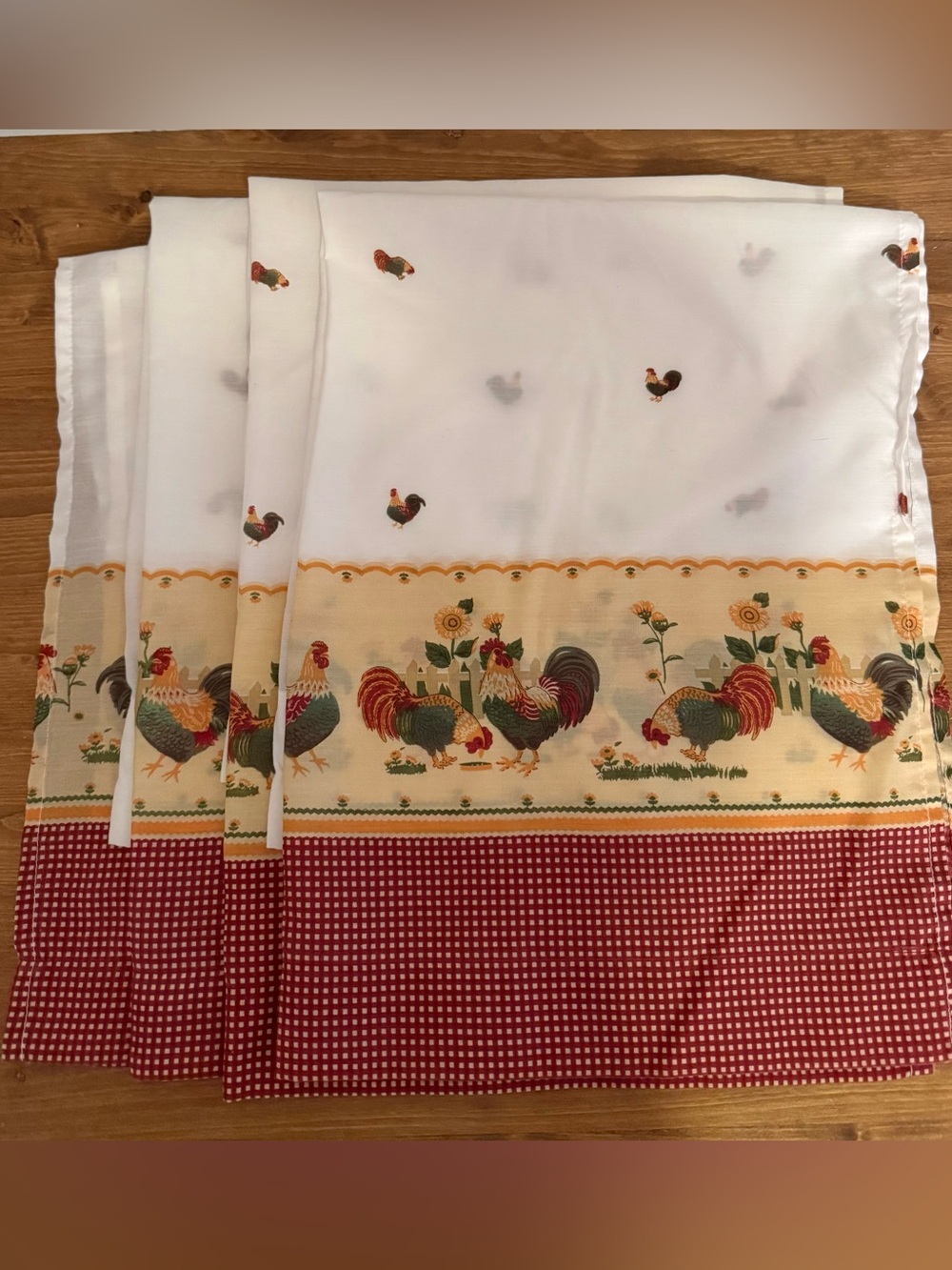 Vintage Gingham and Rooster Curtain Valances (4) 53”L x 38”W